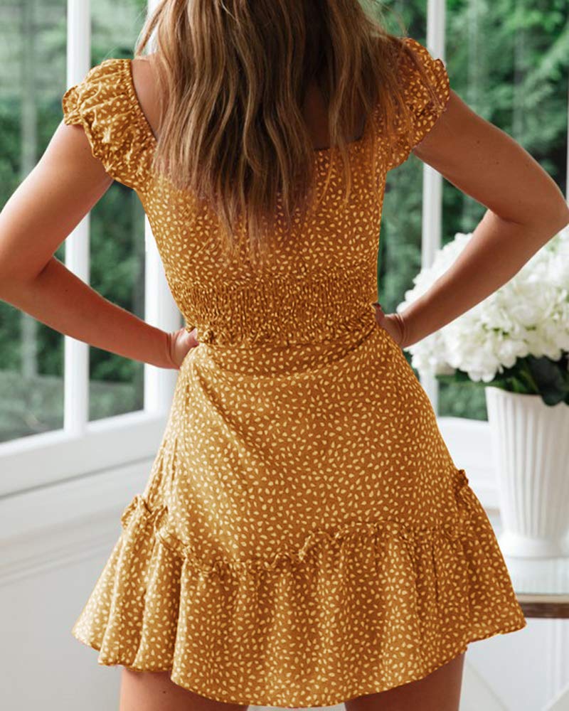 YOBECHO Womens Summer Ruffle Sleeve Sweetheart Neckline Printing Dress Mini Dresses Yellow - Image 3